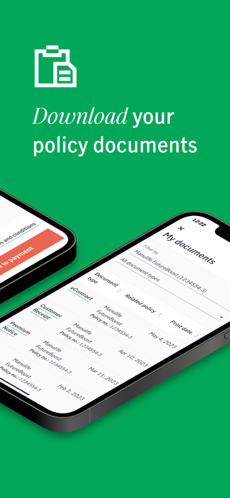 PH Manulife Online - Manulife Online PH app interface displaying a list of downloadable policy documents including eContracts and customer receipts.