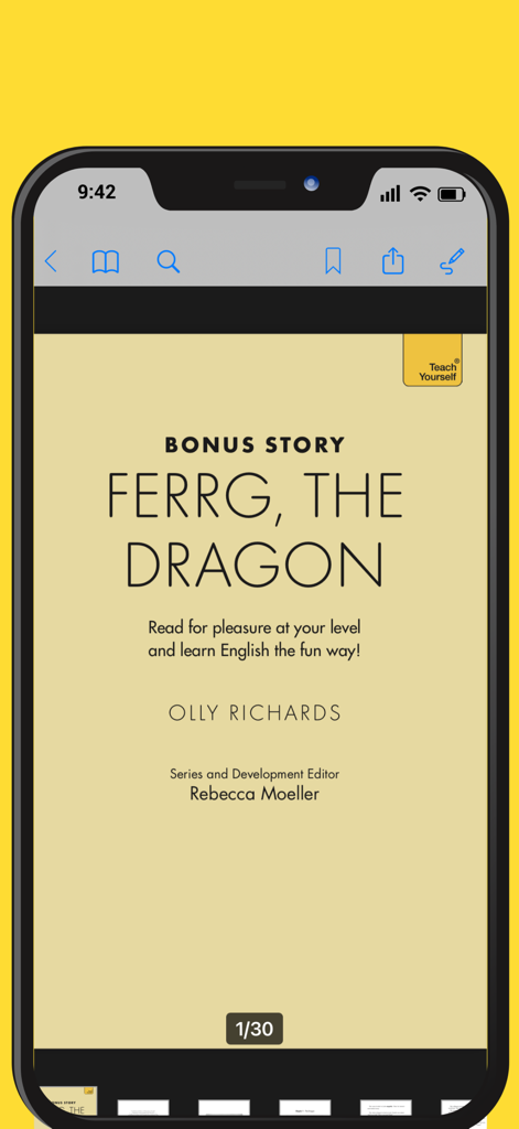 Portada de libro de lectura graduada en inglés para Ferrg el Dragón en la pantalla de un smartphone