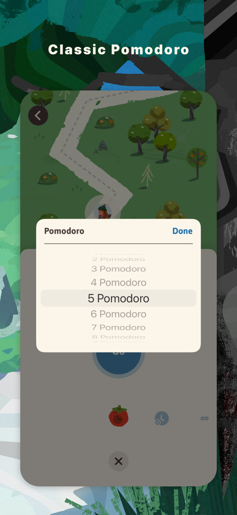 Classic Pomodoro session selector interface in Focus Traveller app featuring cozy watercolor art
