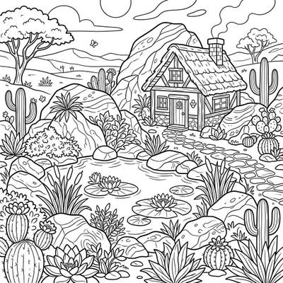 Immerse yourself in the serene beauty of a cottagecore desert spring with this intricate coloring template. This charming scene features a cozy cottage nestled amidst lush desert flora and a peaceful water source, waiting for your creative touch.