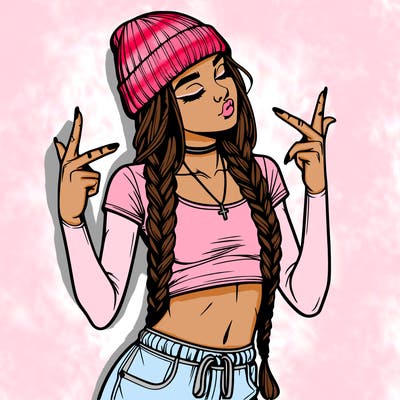 realistic teenage girl with braids and a beanie and crop top doing 🫶🏼