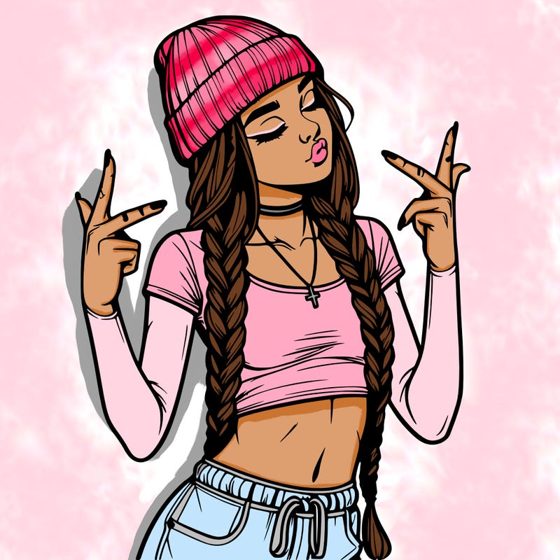 realistic teenage girl with braids and a beanie and crop top doing 🫶🏼