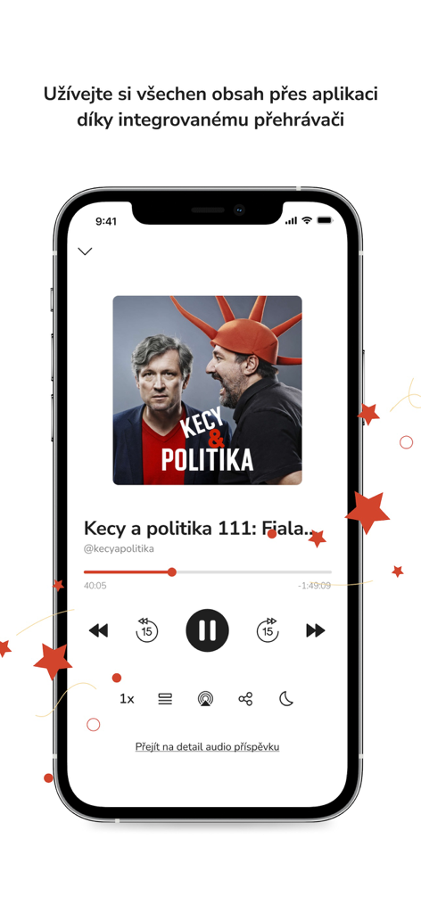 Forendors - Forendors mobile app interface showing an integrated podcast player with playback controls