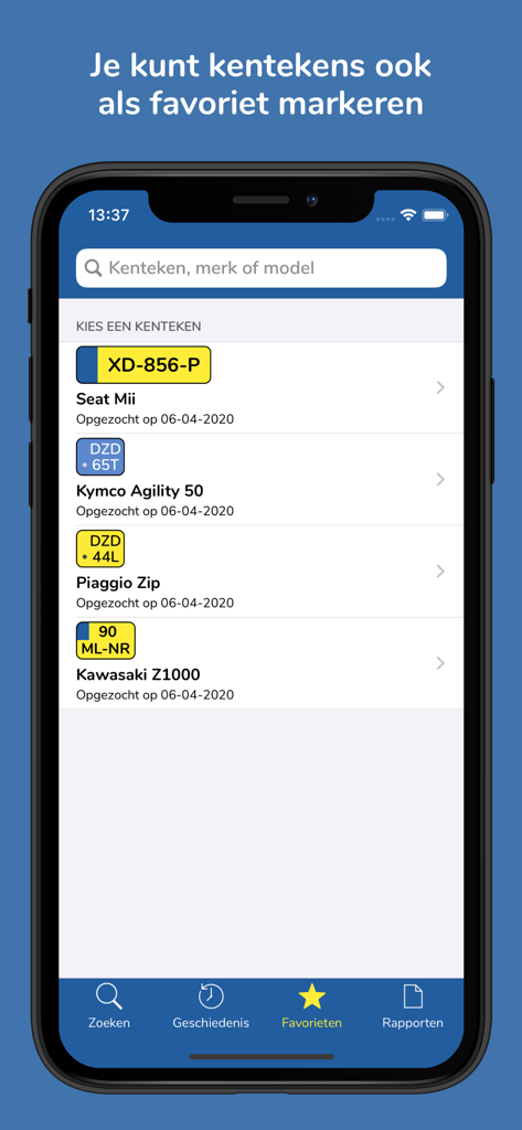 Kenteken Check - Onglet Favoris dans l'application Kenteken Check affichant une liste de plaques d'immatriculation et de modèles de véhicules néerlandais enregistrés