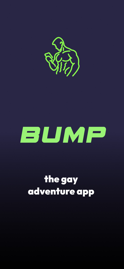 BUMP: Gay adventure app - BUMP gay adventure app splash screen with neon green logo and muscular man icon