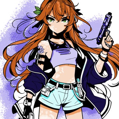 bad girl wearing crop top holding a gun long hair anime