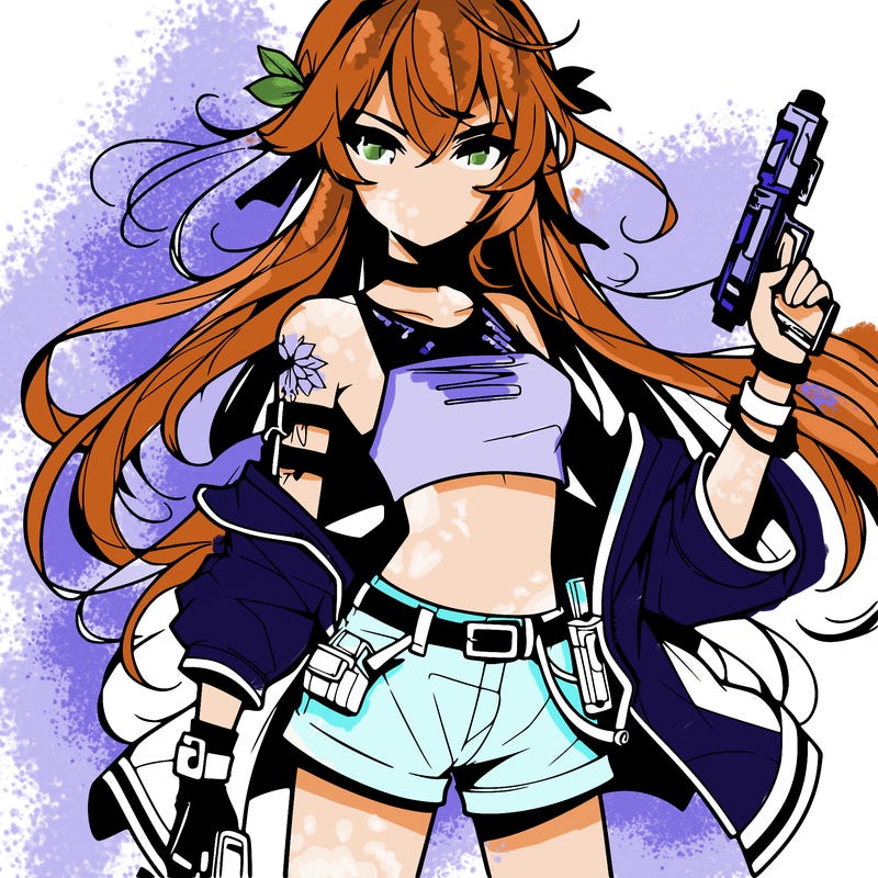 bad girl wearing crop top holding a gun long hair anime