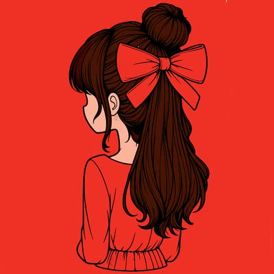 realistic girl  with hip length hair a bun and a big bow on the back of head