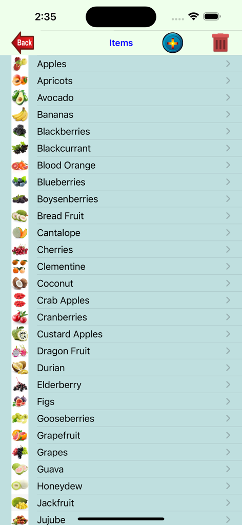 Shopping-List. - Una pantalla que muestra una lista de frutas con miniaturas y nombres en la aplicación Shopping-List.