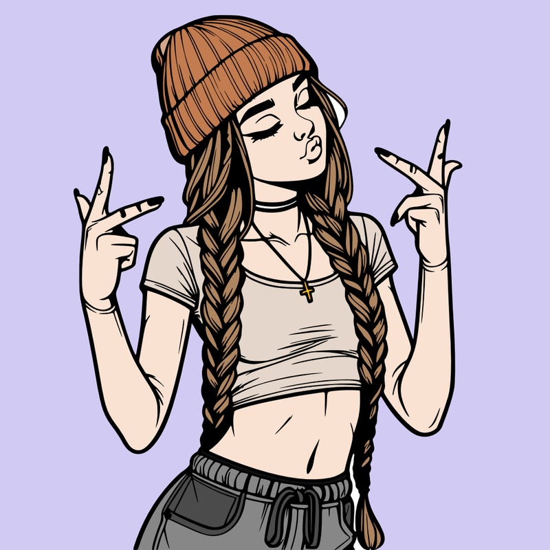 realistic teenage girl with braids and a beanie and crop top doing 🫶🏼
