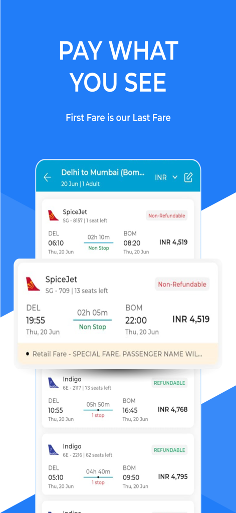 Écran de réservation de vols Happy Easy Trip montrant des prix transparents et des options de vols de Delhi à Mumbai