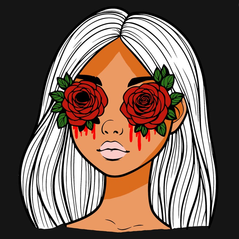a realistic girl with roses for eyes