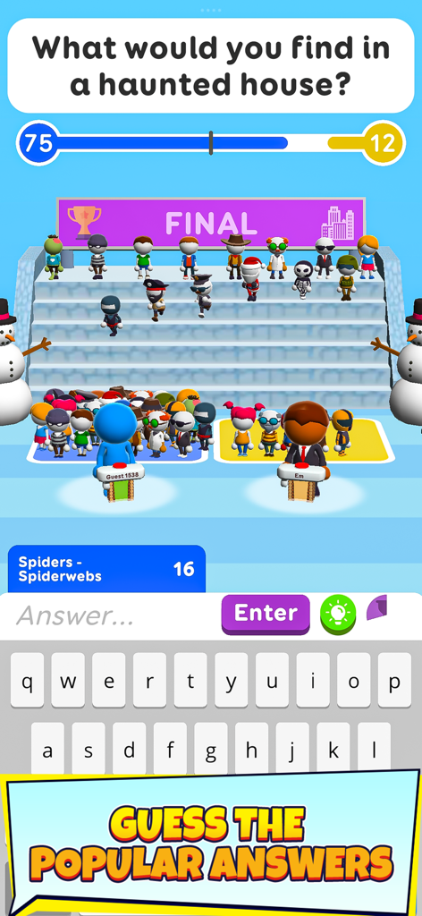 Una pregunta de trivia de ronda final en el juego móvil de trivia Adivina Su Respuesta preguntando qué se encuentra en una casa embrujada.