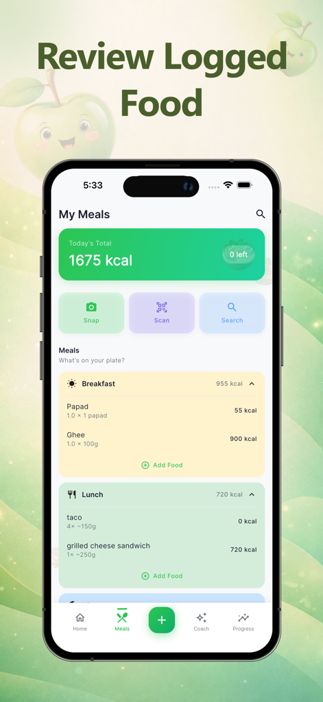 Nutoriq - AI Calorie Tracker - Nutoriq mobile app interface showing a summary of daily logged meals for breakfast and lunch with total calorie intake