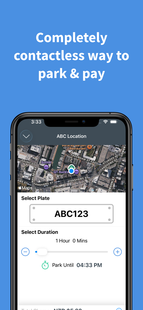 Inugo Parking - Smartphone screen displaying the Inugo Parking app interface with a map and parking duration selector