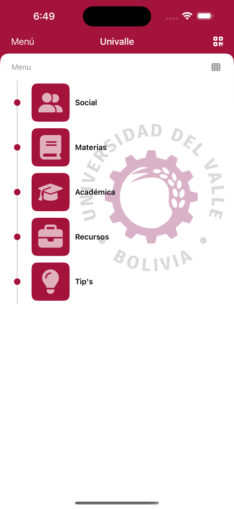 SIU - Menú principal de la aplicación móvil SIU Univalle que muestra opciones para redes sociales, asignaturas, académico, recursos y consejos.
