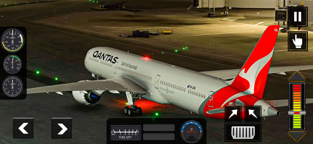 Flight Pro Plane Simulator 3d - Un avión comercial de Qantas en una pista por la noche con controles de simulador de vuelo