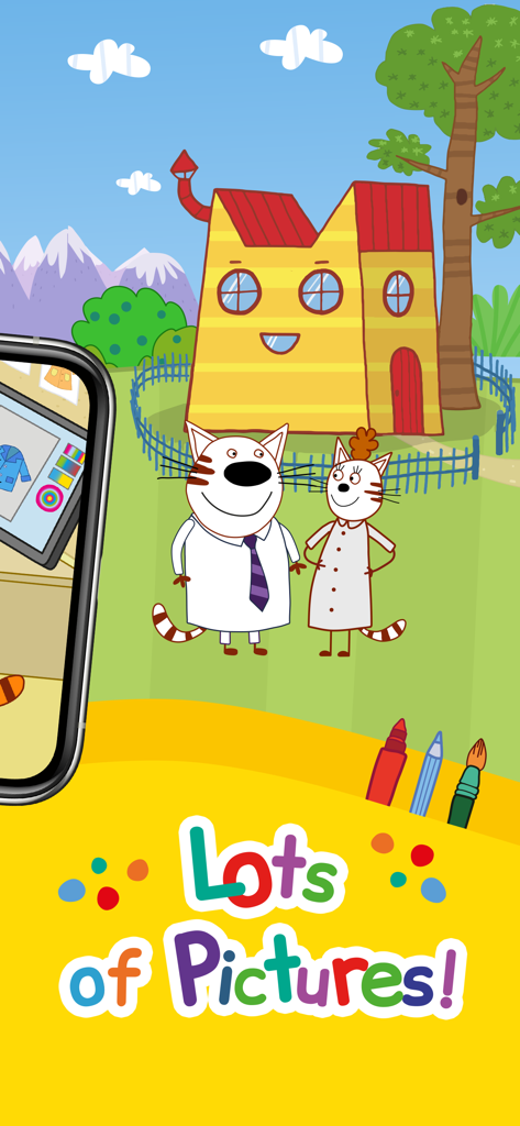 Kid-E-Cats: Draw & Color Games - Kid-E-Cats characters standing in front of a cat-shaped house with the text Lots of Pictures and drawing tools