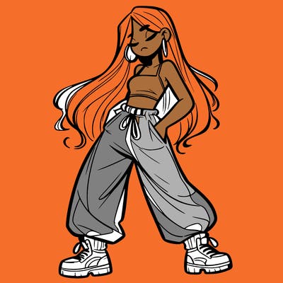 girl in baggy pants crop top and long hair