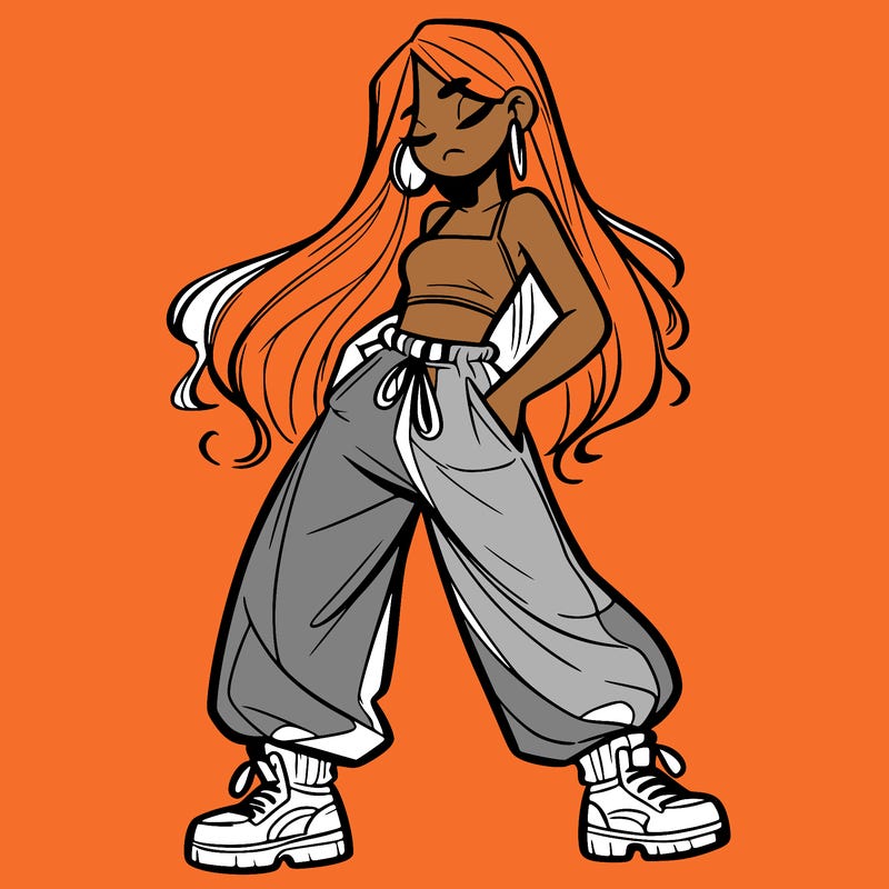 girl in baggy pants crop top and long hair