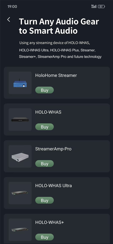 Holo-Home - A list of Holo-Home streaming and amplifier products within the mobile app interface including the Streamer and StreamerAmp-Pro.