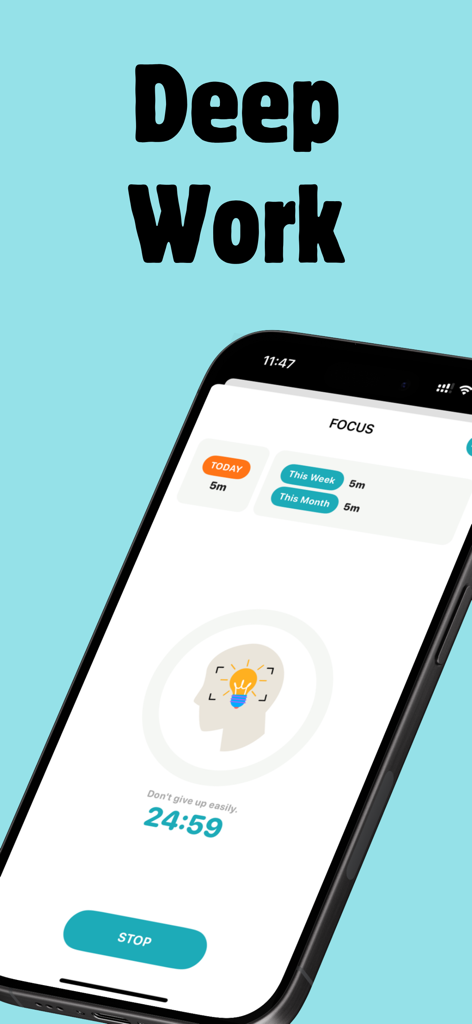 ShineDay app Deep Work focus timer interface with countdown clock and productivity statistics