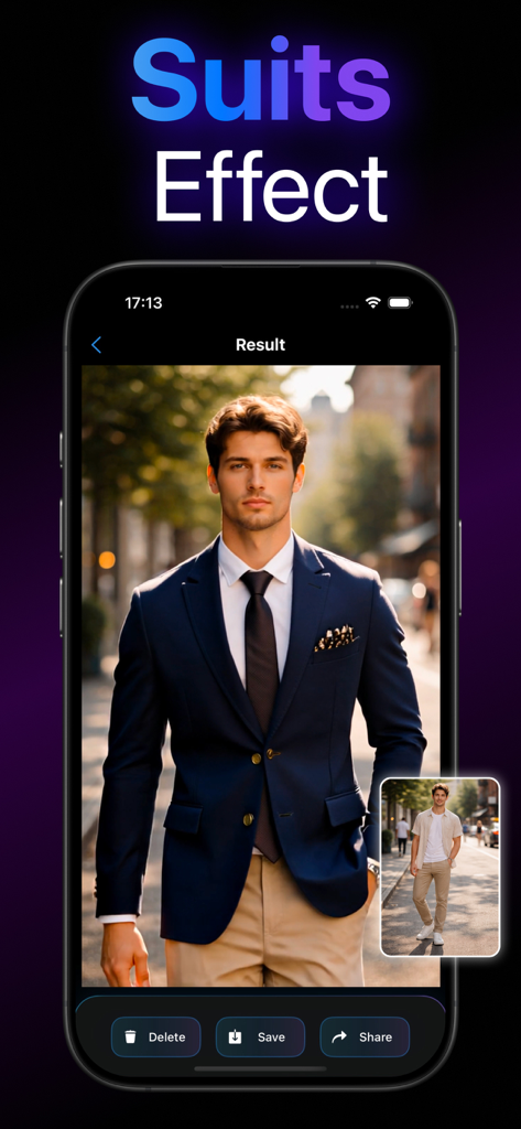 AI Video Generator - Nexory - Nexory app screenshot showing an AI powered transformation of a man in casual clothes into a formal suit using the Suits Effect feature