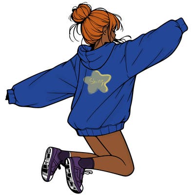realistic girl jumping with a bun and oversized sweatshirt