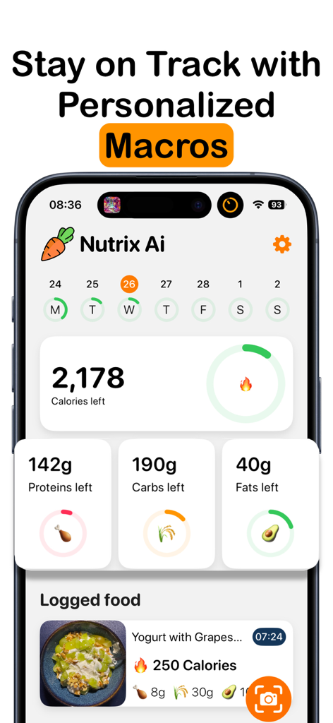 Nutrix AI - AI Meal Tracker - Nutrix AI app dashboard showing personalized calorie and macro tracking progress