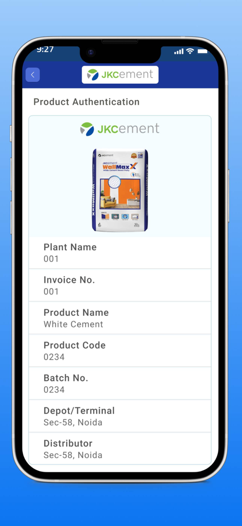 JK Disha - Pantalla de autenticación de producto de la aplicación JK Disha que muestra detalles de la cadena de suministro y el seguimiento de los productos de JK Cement