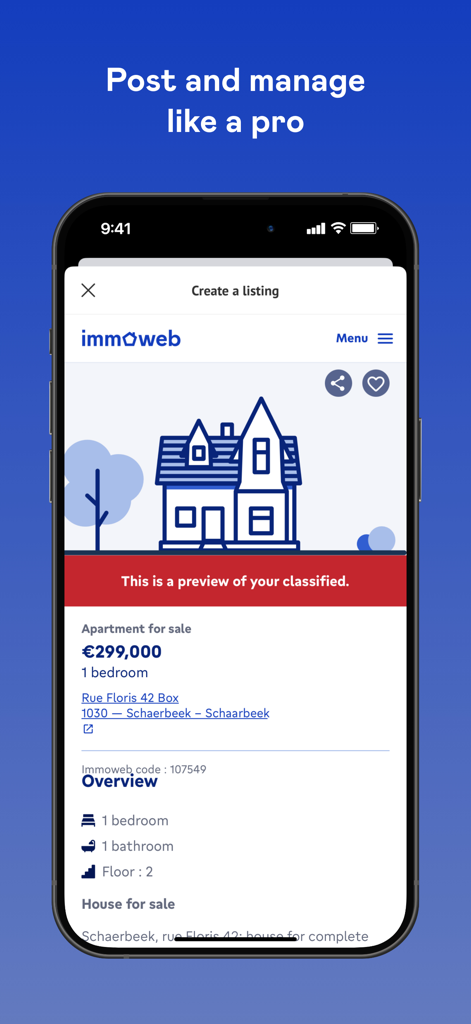 A mobile screen showing the Immoweb app interface for creating and previewing a property listing for an apartment for sale.