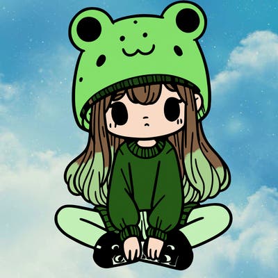 a girl wearing a frog hat and some frog socks
