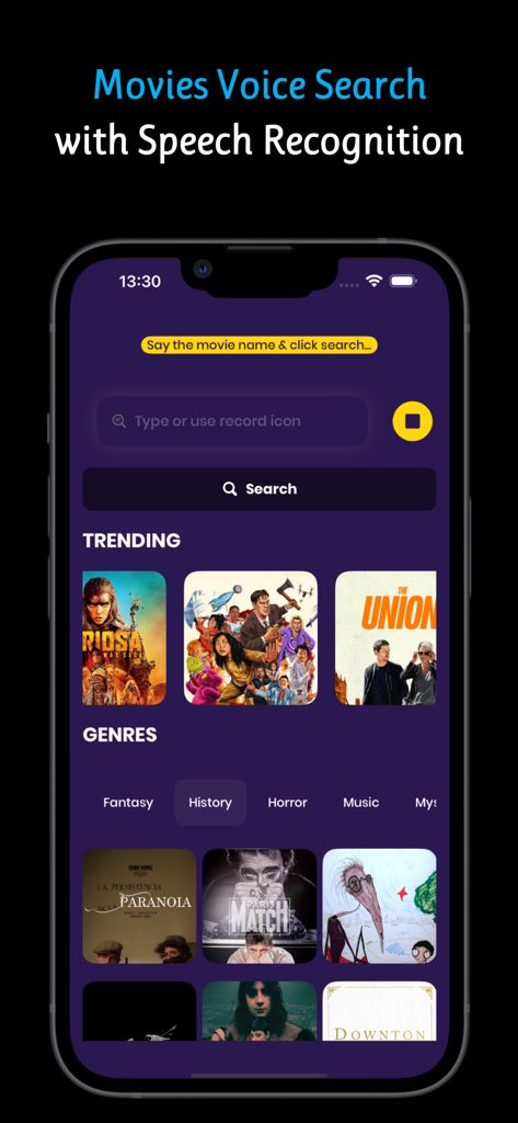Cinegate - Movies Voice Finder - Cinegate app interface showing movie voice search and trending films