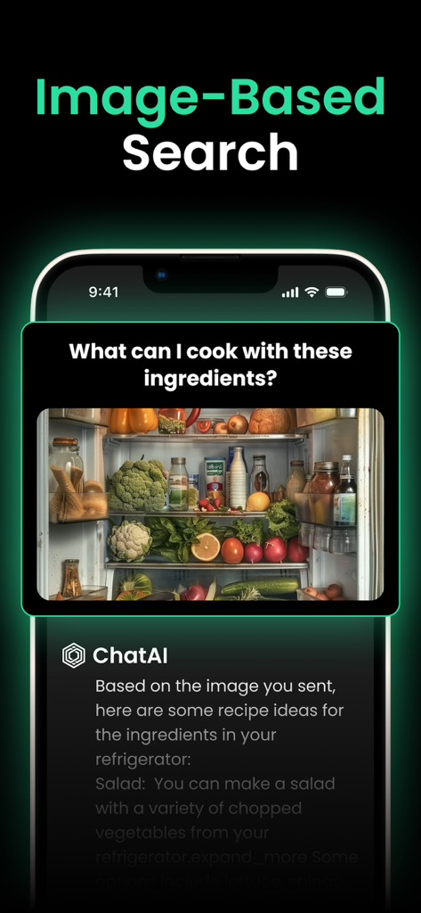 ChatBy AI Chat Bot and Creator - AI assistant identifying ingredients in a refrigerator image and suggesting recipes.