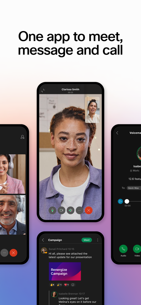 Webex for Intune - Aplicación móvil Webex para Intune que muestra pantallas de videollamadas y mensajería