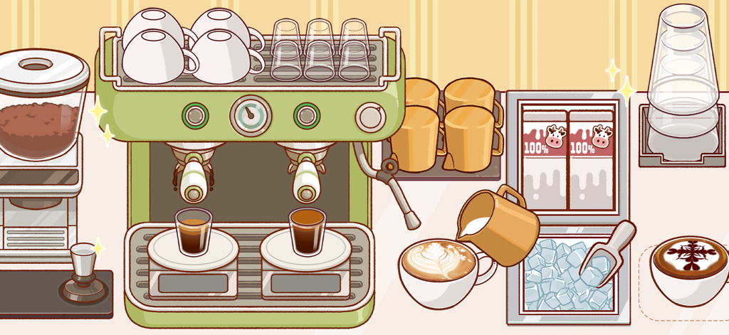 A hand drawn coffee shop counter with a green espresso machine and latte art in the game Good Coffee Great Coffee