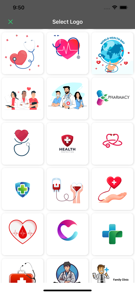 Uma interface de aplicativo móvel exibindo uma grade de modelos de logos médicos e de saúde, incluindo corações, estetoscópios e médicos.