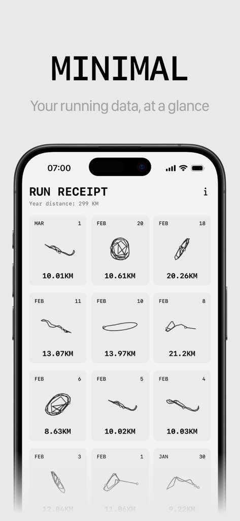 Run Receipt - iPhone screen displaying the Run Receipt app with a minimalist grid of past running distances and stylized route maps