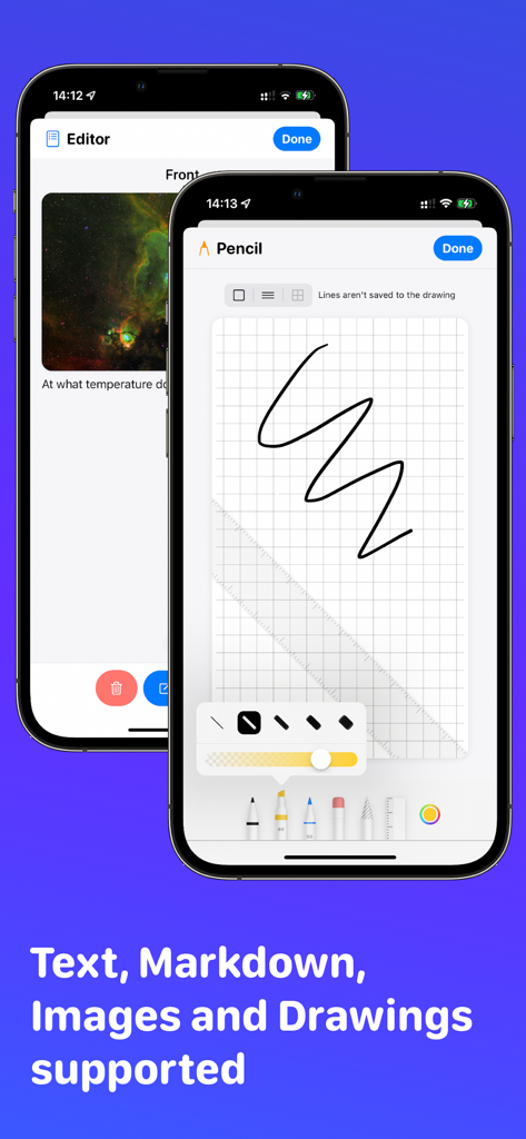 Interface of Flippy flashcard app showing editor with image and drawing tool support