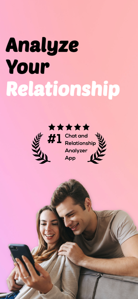 A happy couple looking at a smartphone with text promoting the number one chat and relationship analyzer app