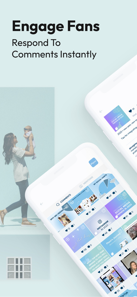 Plann: Preview for Instagram - Plann mobile app interface showing the engage fans feature to respond to comments instantly.