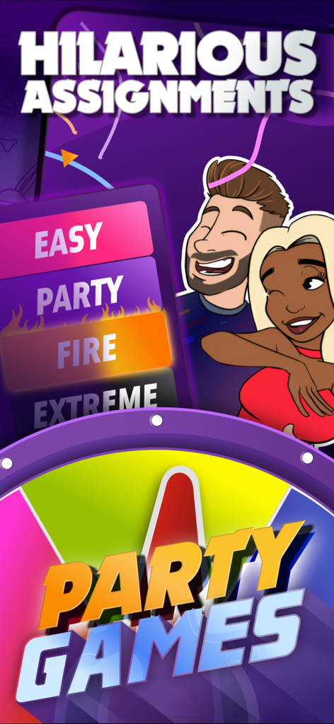 Partybus · Party Games - Screenshot of Partybus app showing hilarious assignments and game mode levels like Fire and Extreme