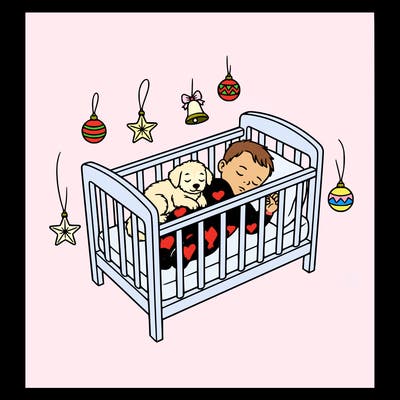 a baby asleep in its crib with a puppy with christmas ornaments around it