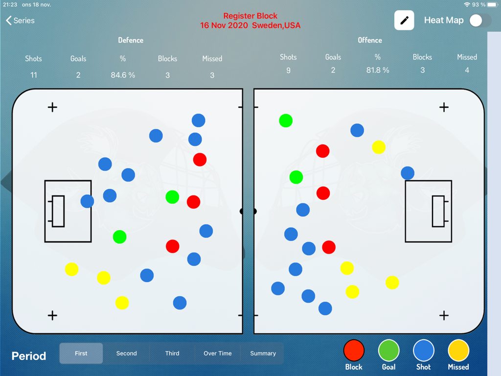 GameStats Floorball - Floorball match statistics showing shot and goal locations on a court layout.