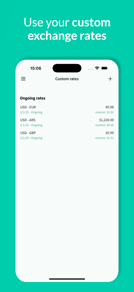 Tripcoin - Travel budget - Interface of Tripcoin app displaying custom currency exchange rates for travel budgeting