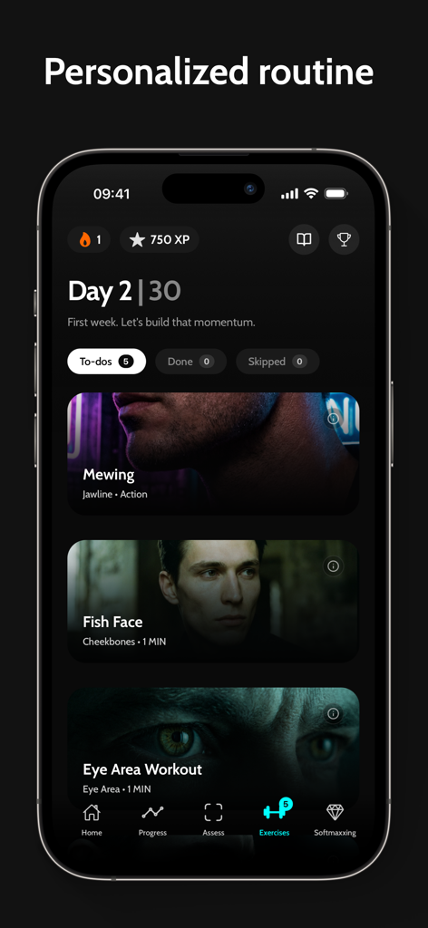 Blackpill AI app screenshot showing a personalized daily routine with facial exercises like mewing and eye area workouts