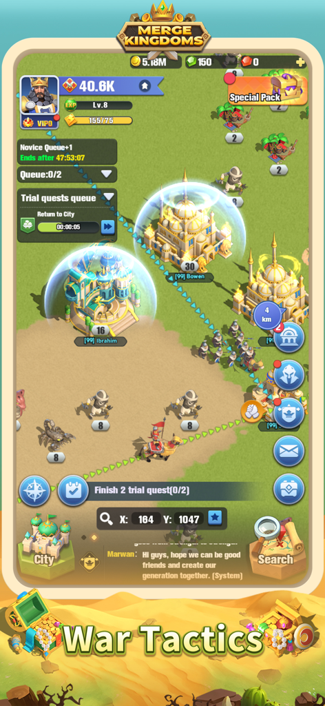 Merge Kingdoms - Pantalla de juego de Merge Kingdoms mostrando unidades moviéndose en un mapa de estrategia con ciudades bajo escudos protectores