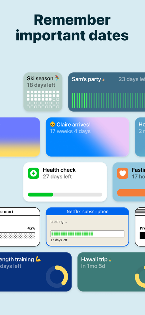 Countdown - Pretty Progress - A collection of colorful and aesthetic iOS widgets showing countdowns for events like ski season, parties, baby arrivals, and trips.