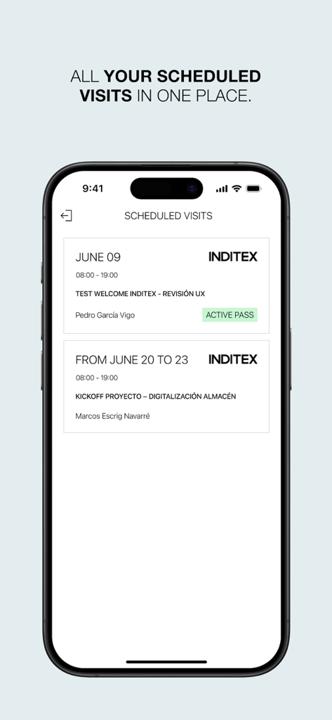 Pantalla de la aplicación móvil mostrando una lista de visitas de negocios programadas a las oficinas de Inditex