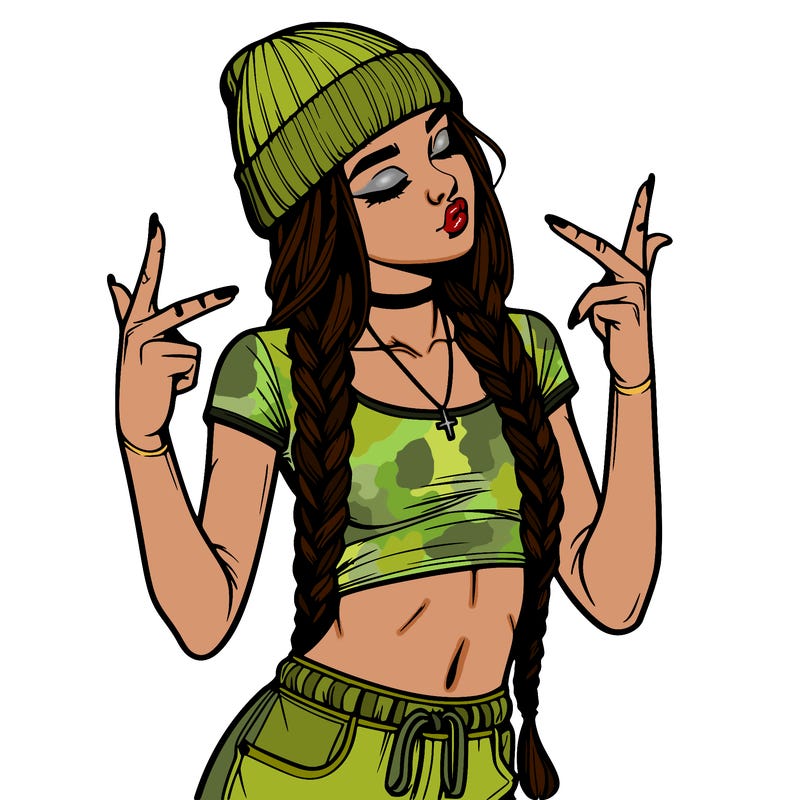 realistic teenage girl with braids and a beanie and crop top doing 🫶🏼